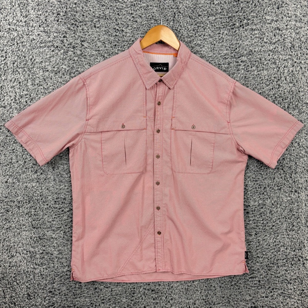 Orvis Shirt Mens XL Pink Gingham Vented Fishing Button Up Seersucker Hike